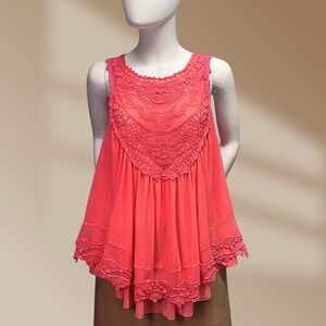 Paradiso Women's Feminine Fairy Like Top Blouse Lace Detail Salmon Sz L NWOT!